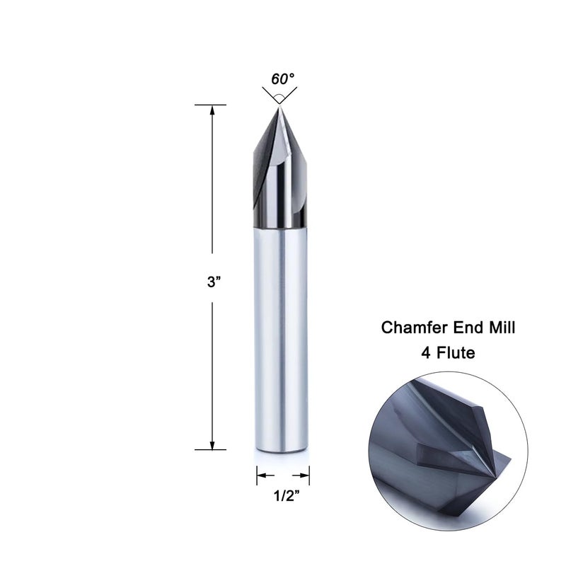 JIANXING 1/2” Carbide Chamfer End Mill, 60 Degree, Carving Bits, V Groove, 4 Flute AlTiN Coating for Alloy Steels, Hardened Steels - Image 2